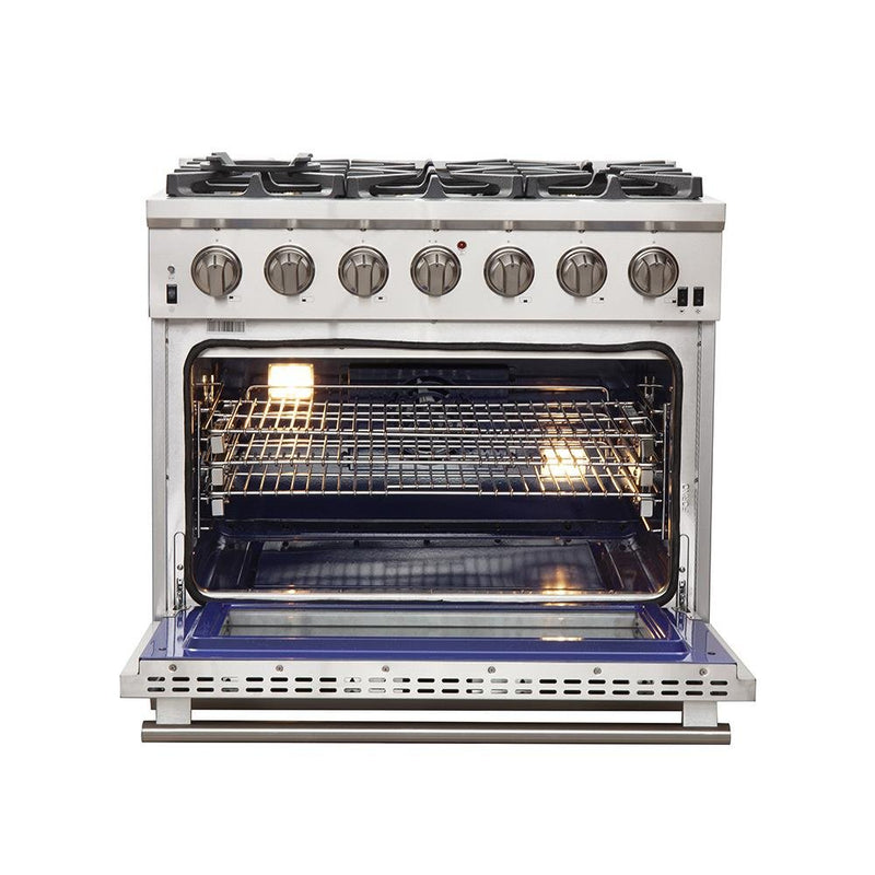 Forno 3-Piece Pro Appliance Package - 36" Gas Range, Pro-Style Refrigerator, and Dishwasher in Stainless Steel Appliance Package Forno 