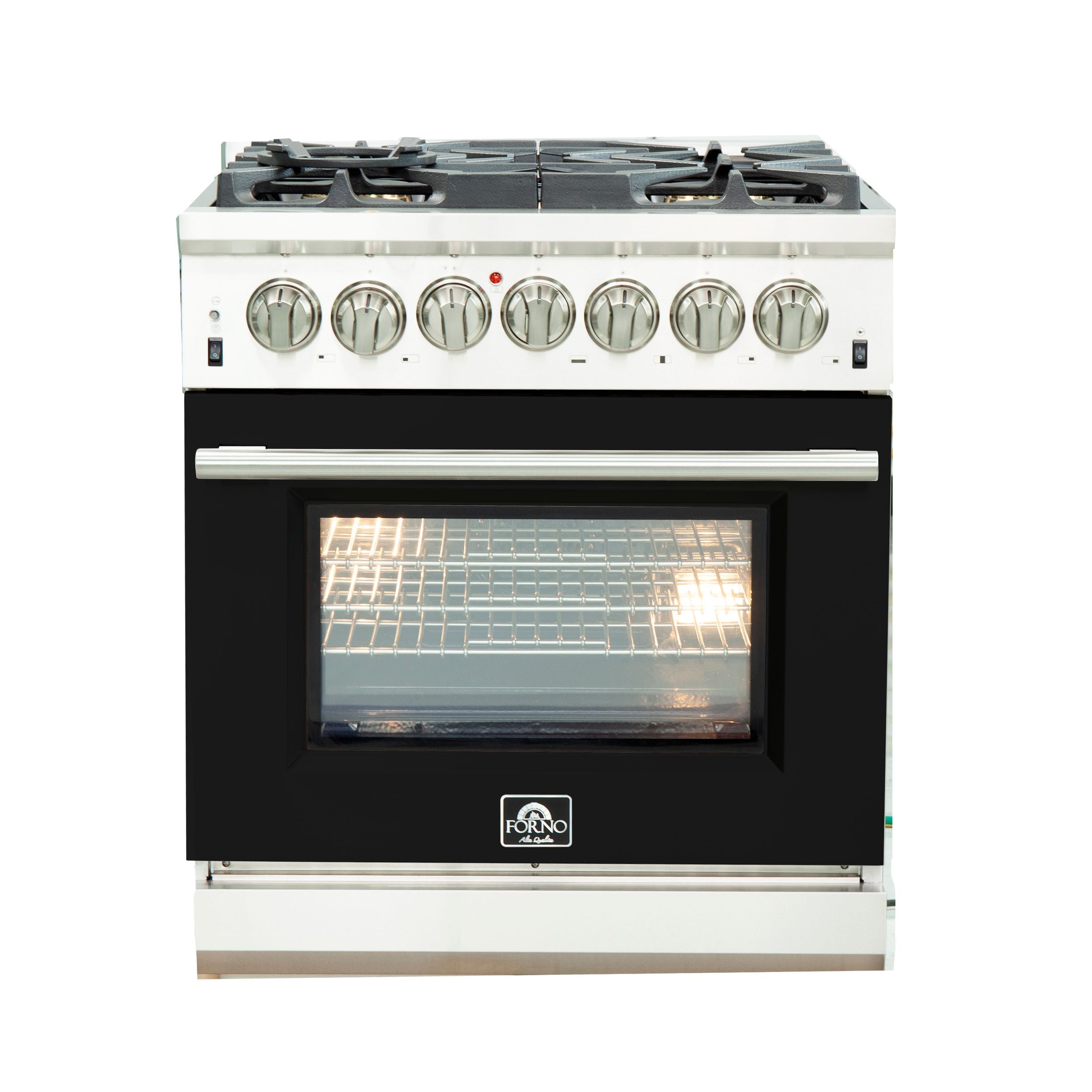 Stainless steel dual fuel range with black oven door and control knobs