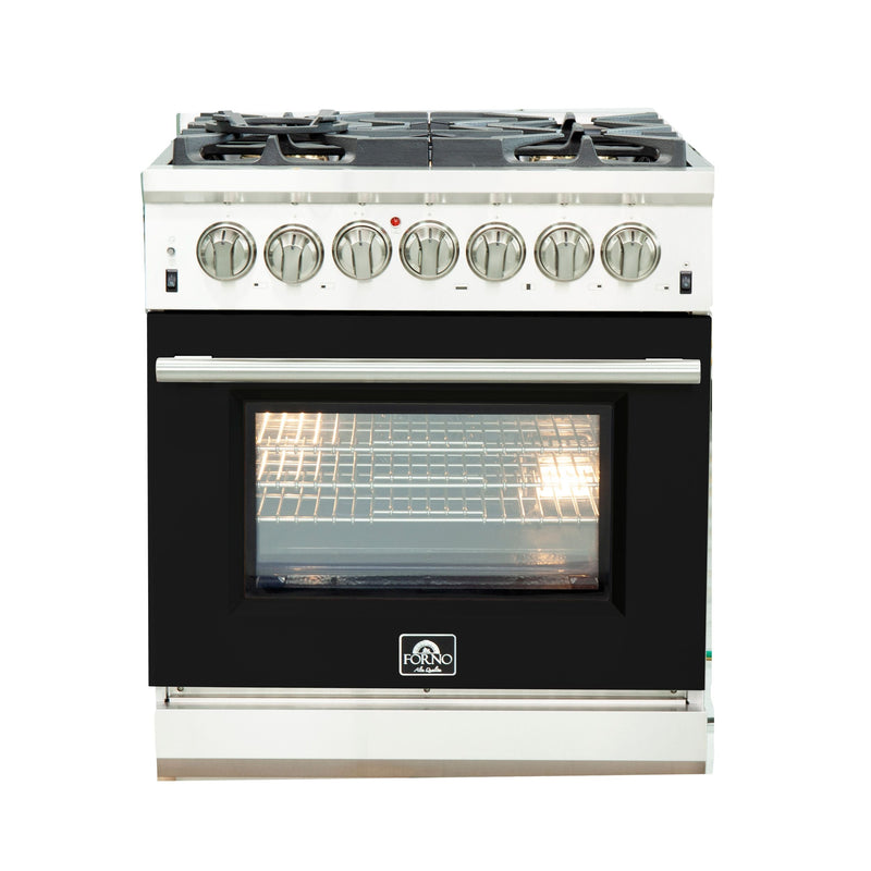 Forno 30" Capriasca Dual Fuel Range with 5 Gas Burners and 240v Electric Oven in Stainless Steel with Black Door (FFSGS6187-30BLK) Ranges Forno 