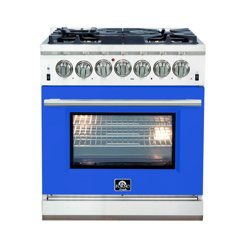 Forno 30" Capriasca Dual Fuel Range with 5 Gas Burners and 240v Electric Oven in Stainless Steel with Blue Door (FFSGS6187-30BLU) Ranges Forno 