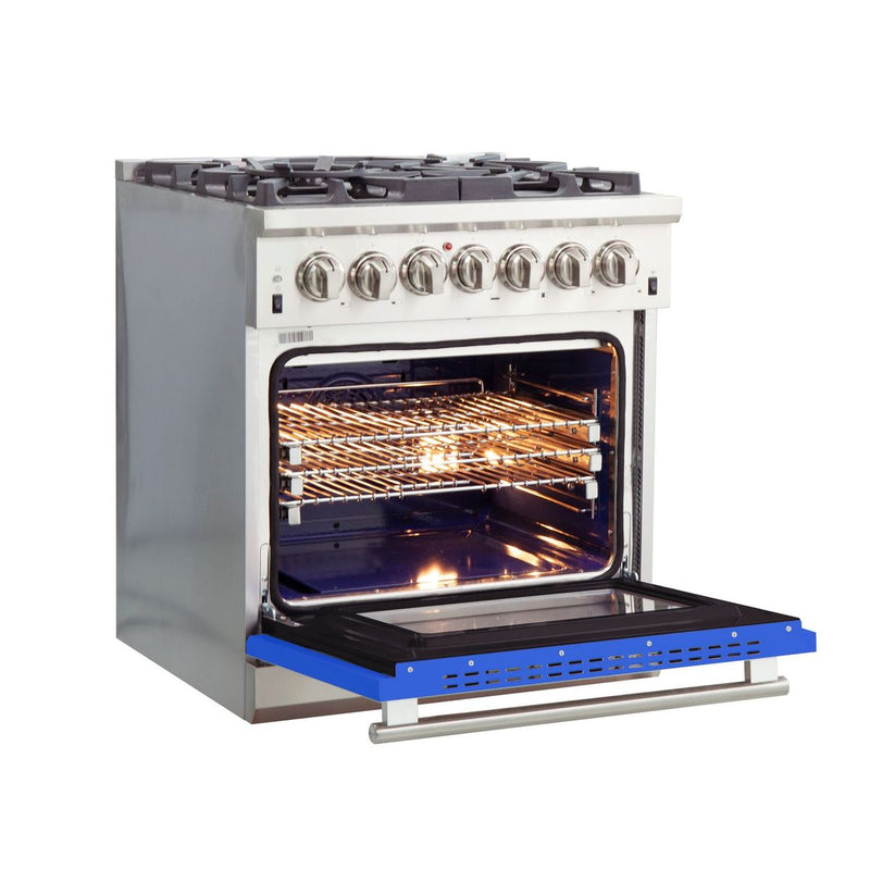 Forno 30" Capriasca Dual Fuel Range with 5 Gas Burners and 240v Electric Oven in Stainless Steel with Blue Door (FFSGS6187-30BLU) Ranges Forno 
