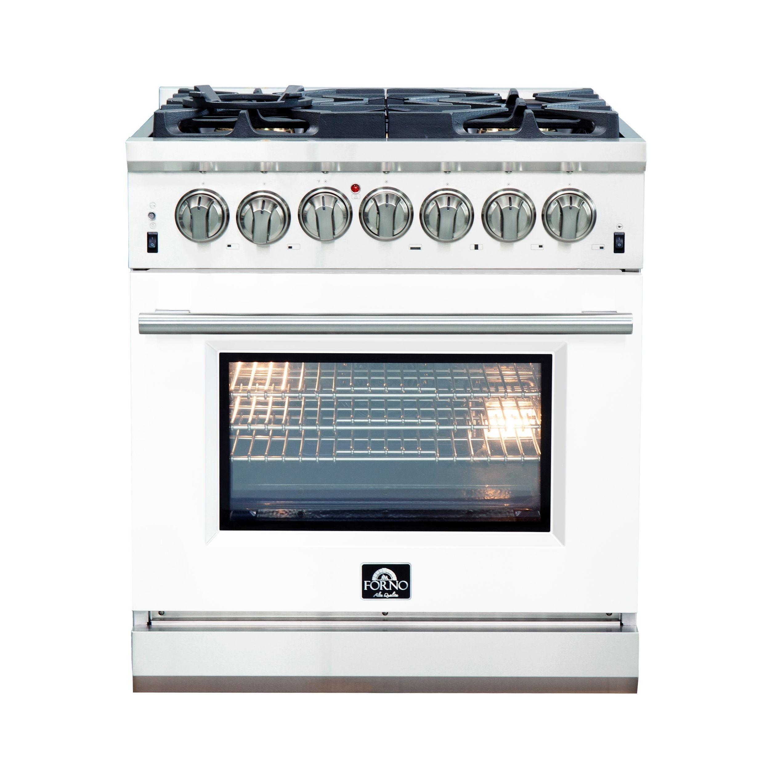 Stainless steel dual fuel range with oven window and front control knobs