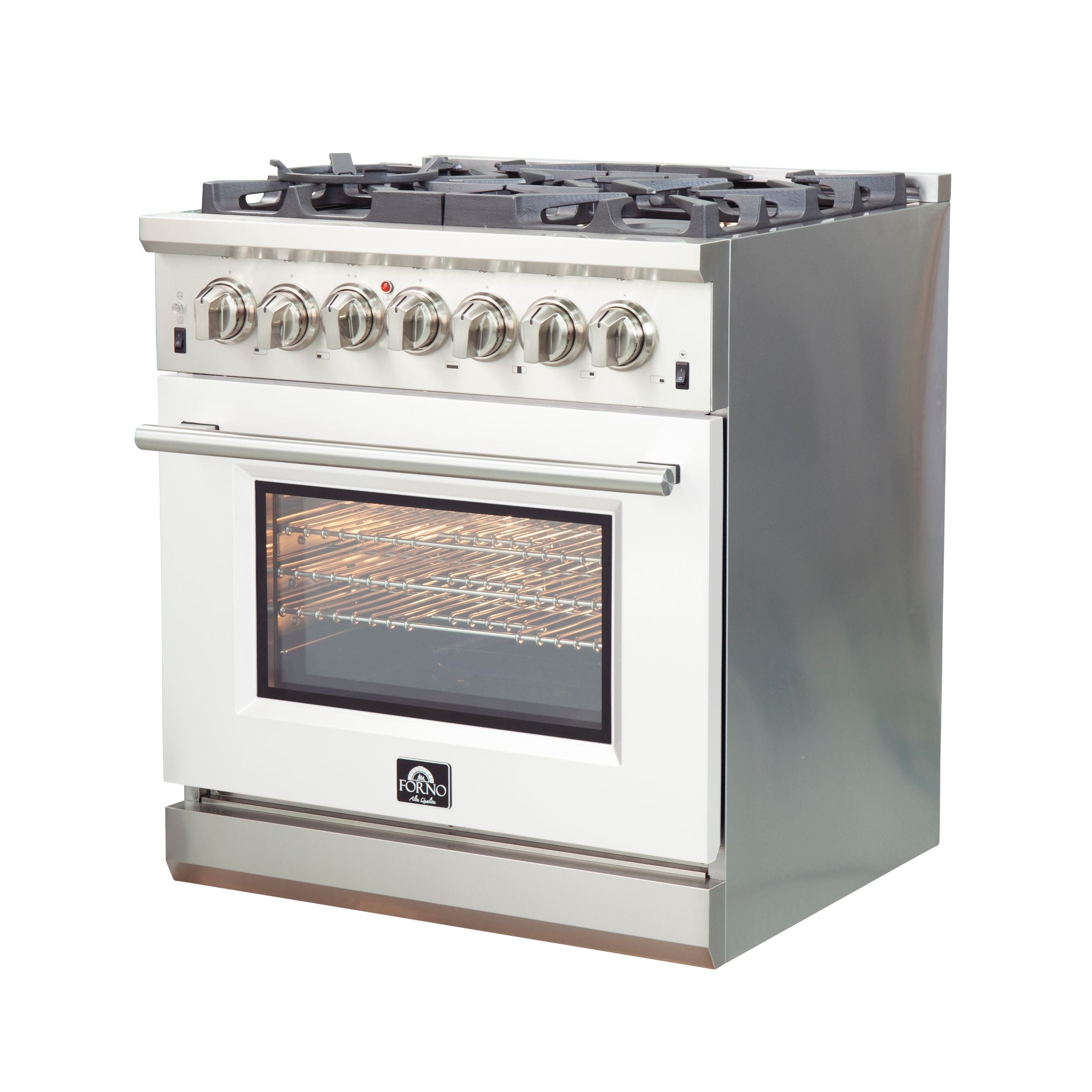 Stainless steel dual fuel range, five gas burners, white oven door
