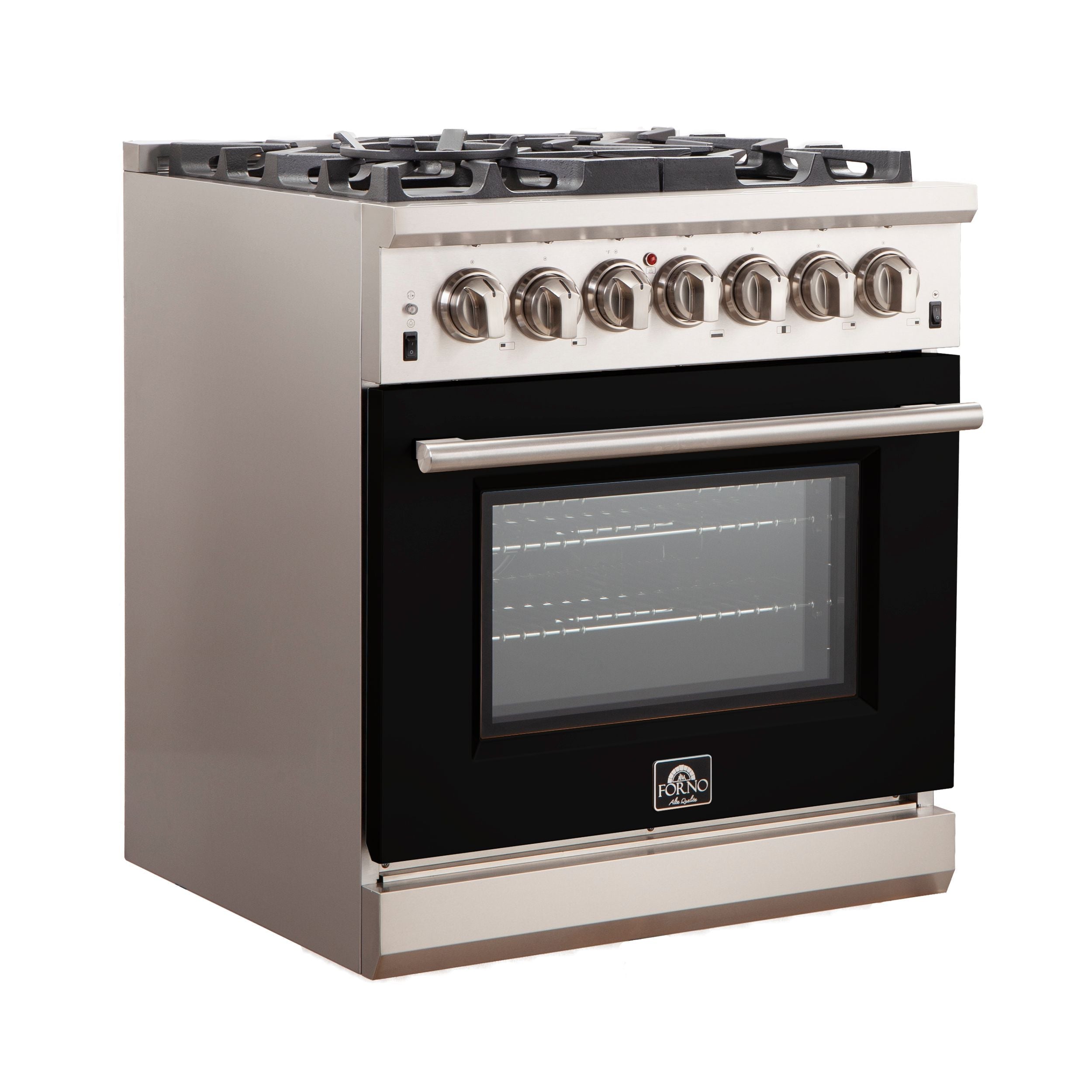 Stainless steel gas range with black oven door window and six round control knobs