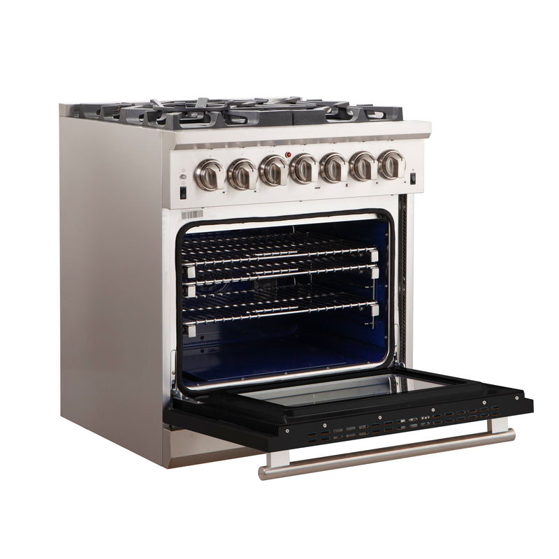 Forno 30" Capriasca Gas Range with 5 Burners and Convection Oven in Stainless Steel with Black Door (FFSGS6260-30BLK) Ranges Forno 