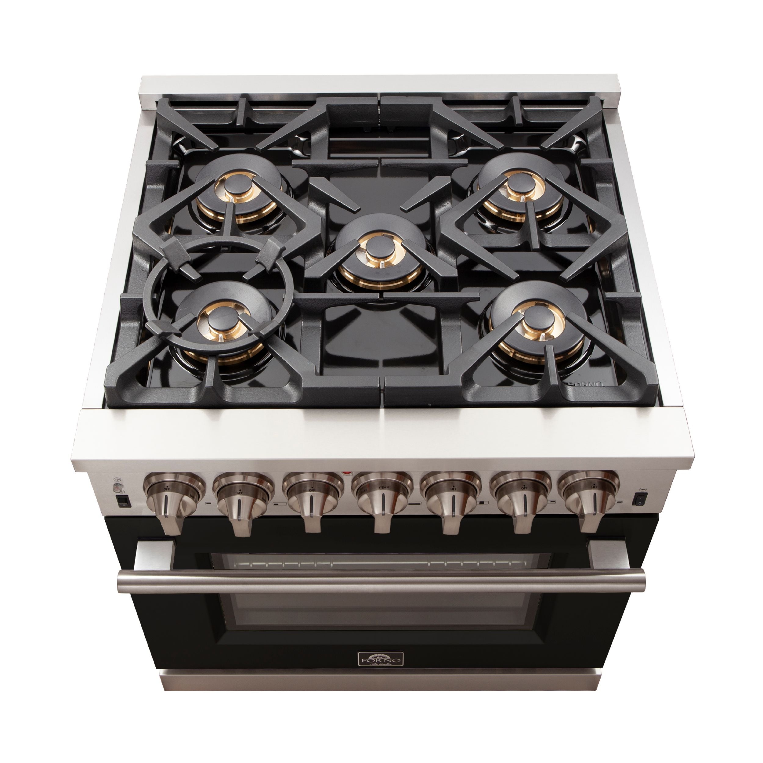 Stainless steel gas range cooktop with five black cast burner grates