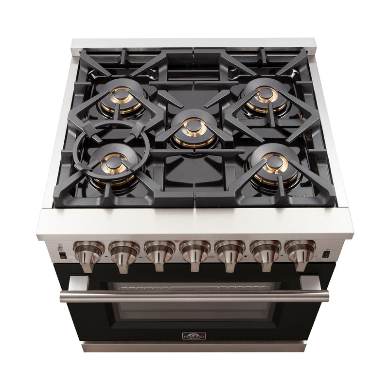 Forno 30" Capriasca Gas Range with 5 Burners and Convection Oven in Stainless Steel with Black Door (FFSGS6260-30BLK) Ranges Forno 