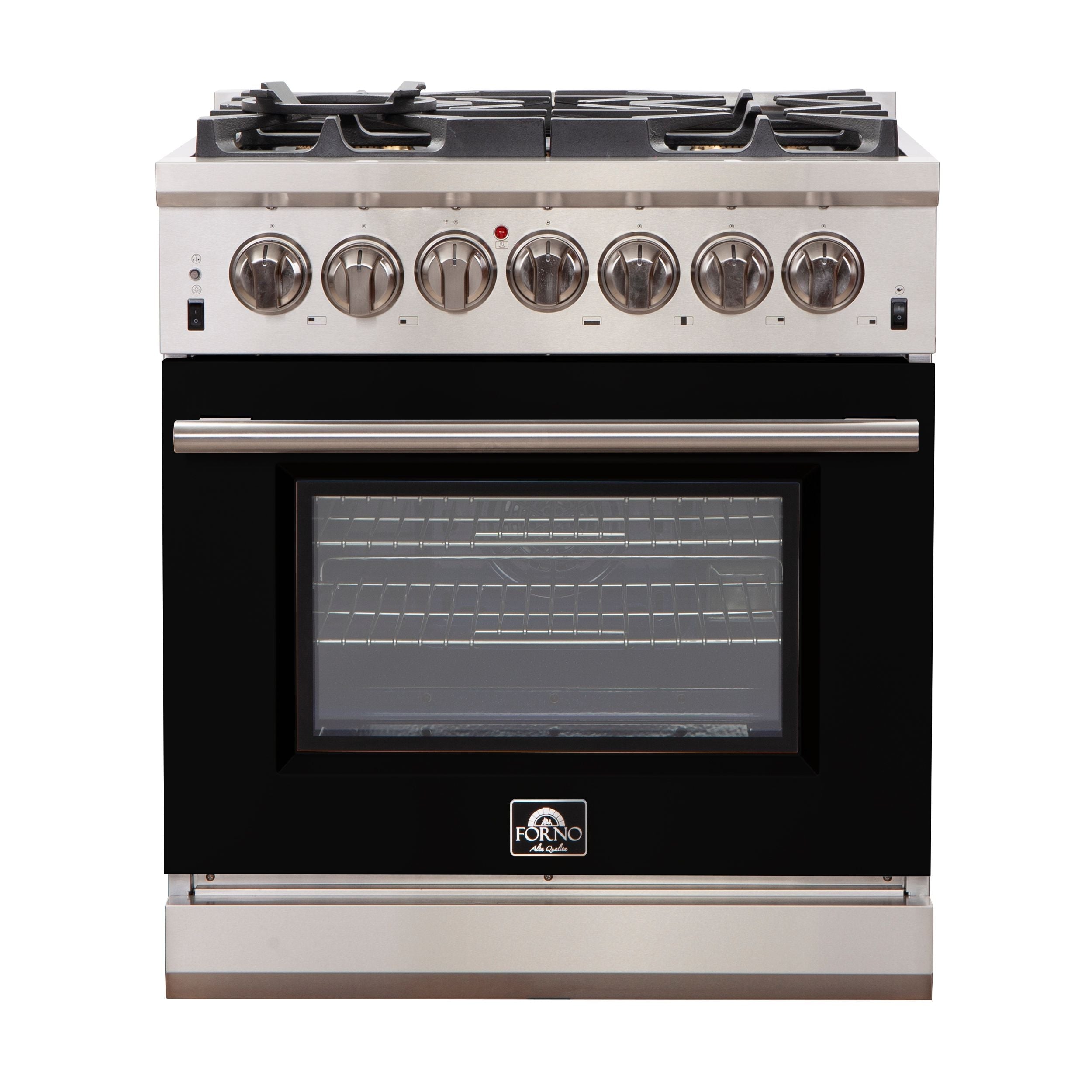 Stainless steel gas range with black oven door, five burners, and round control knobs