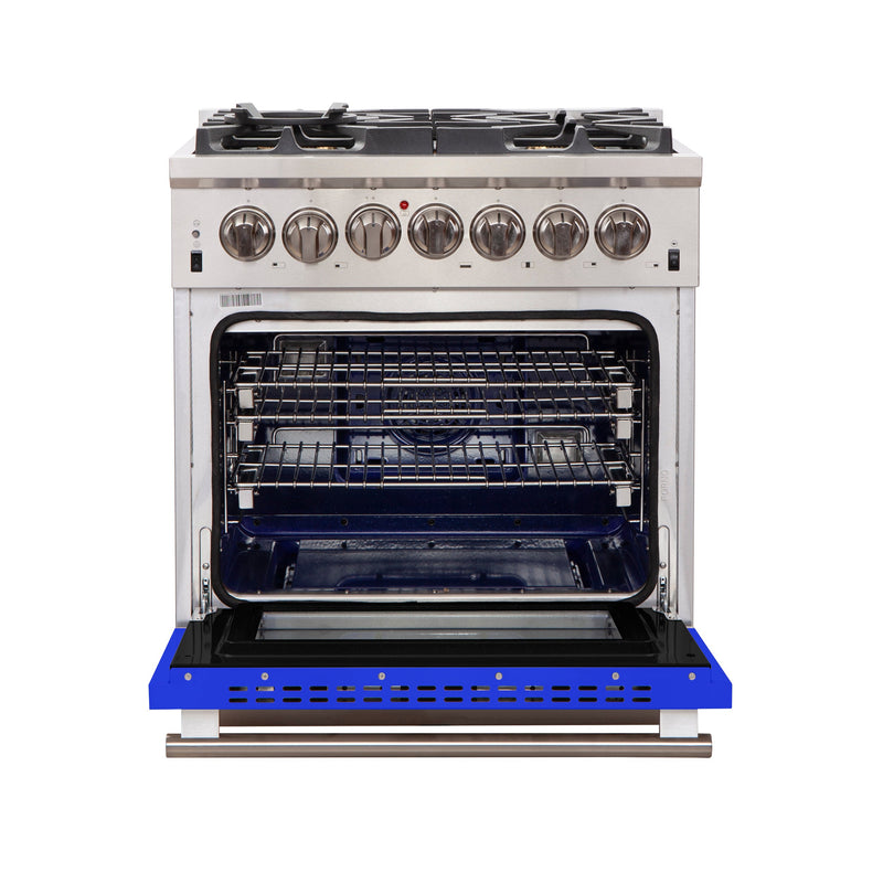Forno 30" Capriasca Gas Range with 5 Burners and Convection Oven in Stainless Steel with Blue Door (FFSGS6260-30BLU) Ranges Forno 
