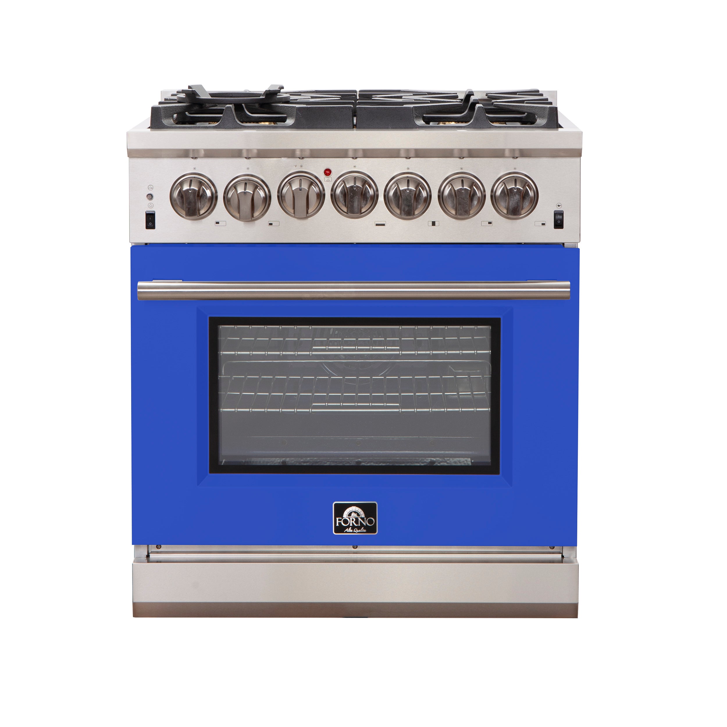 Stainless gas range with blue oven door and five-burner cooktop with knobs