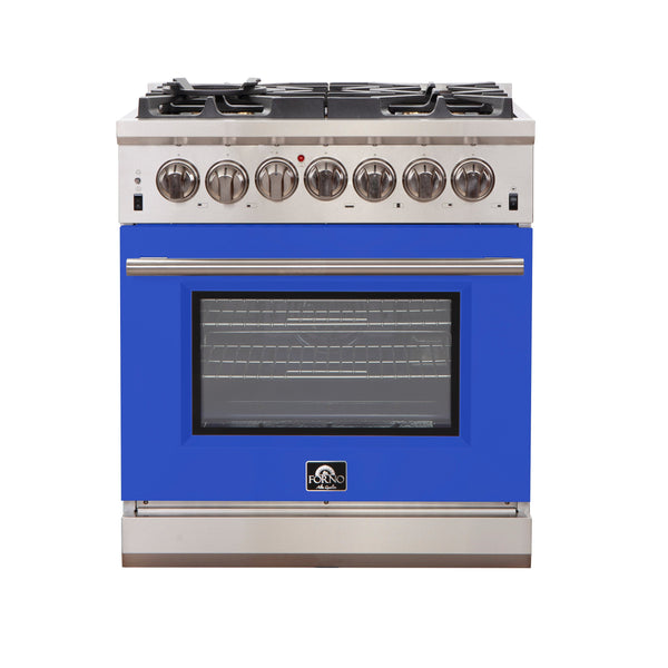 Forno 30" Capriasca Gas Range with 5 Burners and Convection Oven in Stainless Steel with Blue Door (FFSGS6260-30BLU) Ranges Forno 