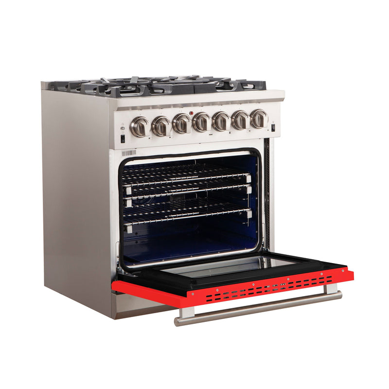 Forno 30" Capriasca Gas Range with 5 Burners and Convection Oven in Stainless Steel with Red Door (FFSGS6260-30RED) Ranges Forno 