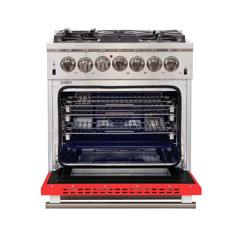 Forno 30" Capriasca Gas Range with 5 Burners and Convection Oven in Stainless Steel with Red Door (FFSGS6260-30RED) Ranges Forno 