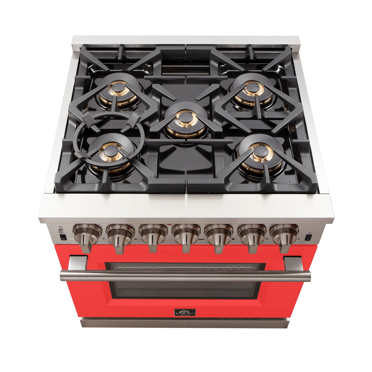 Stainless gas cooktop with five burners and red trim on the front panel