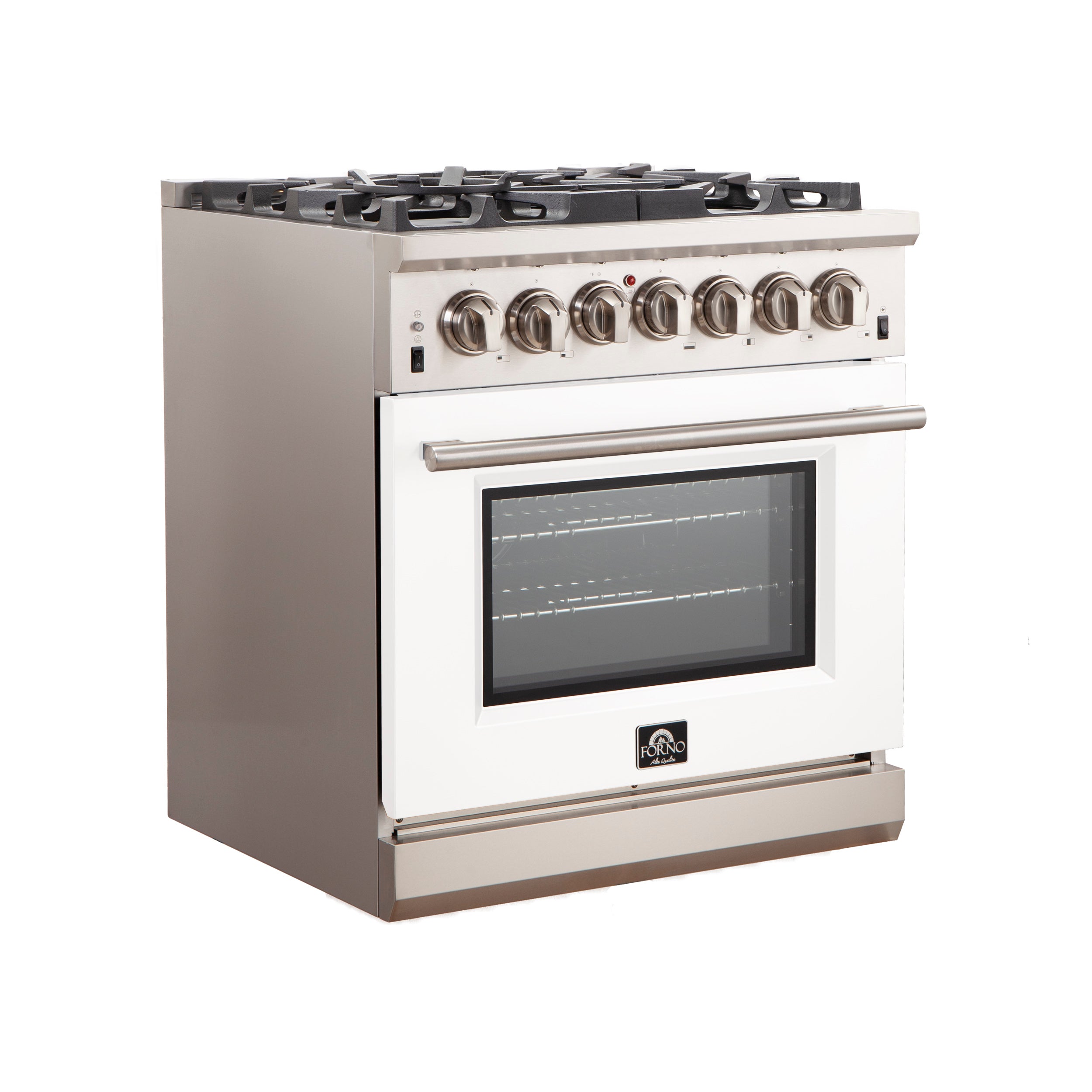 Stainless steel gas range with white oven door, burners above, and control knobs