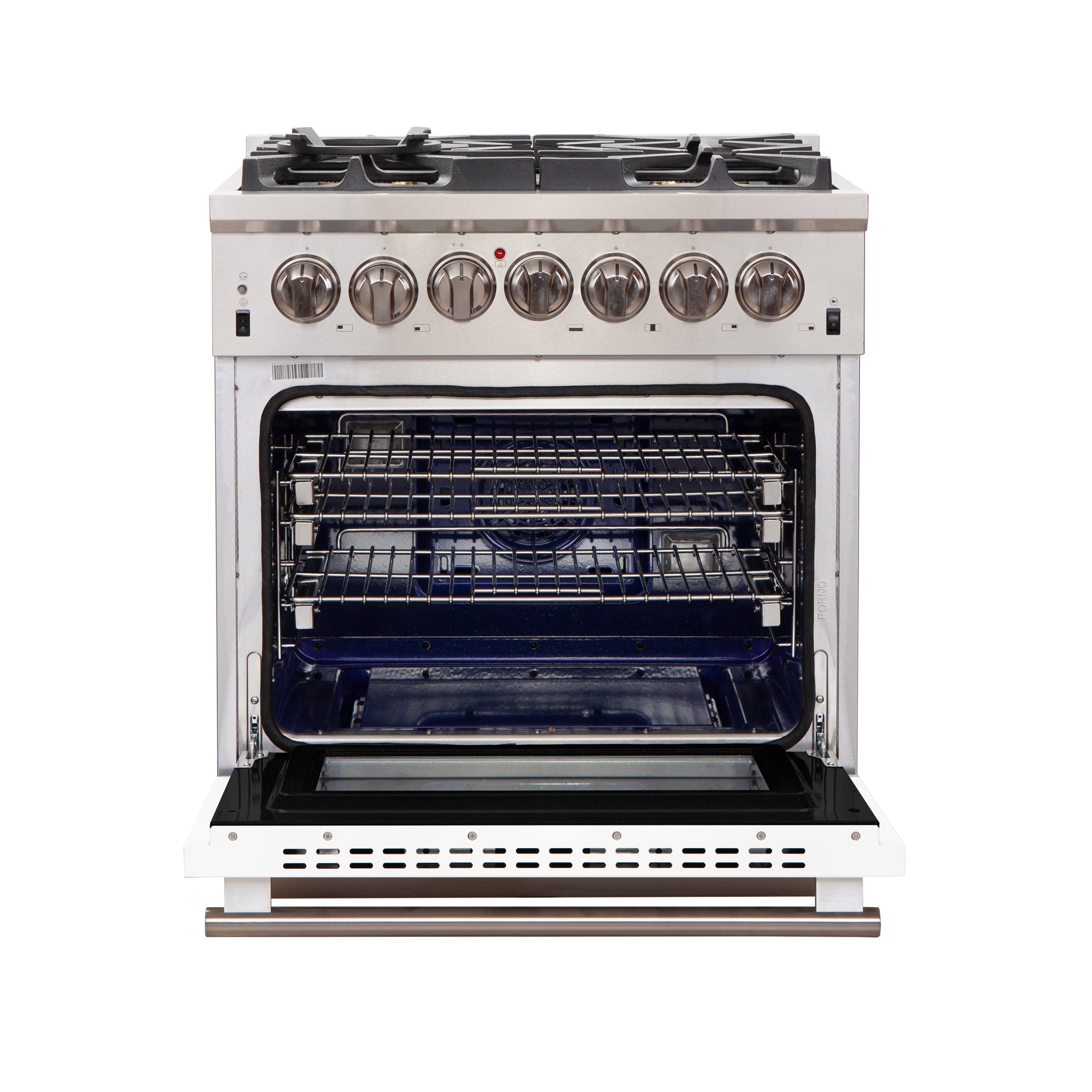 Stainless steel gas range showing open oven with wire rack and blue interior light