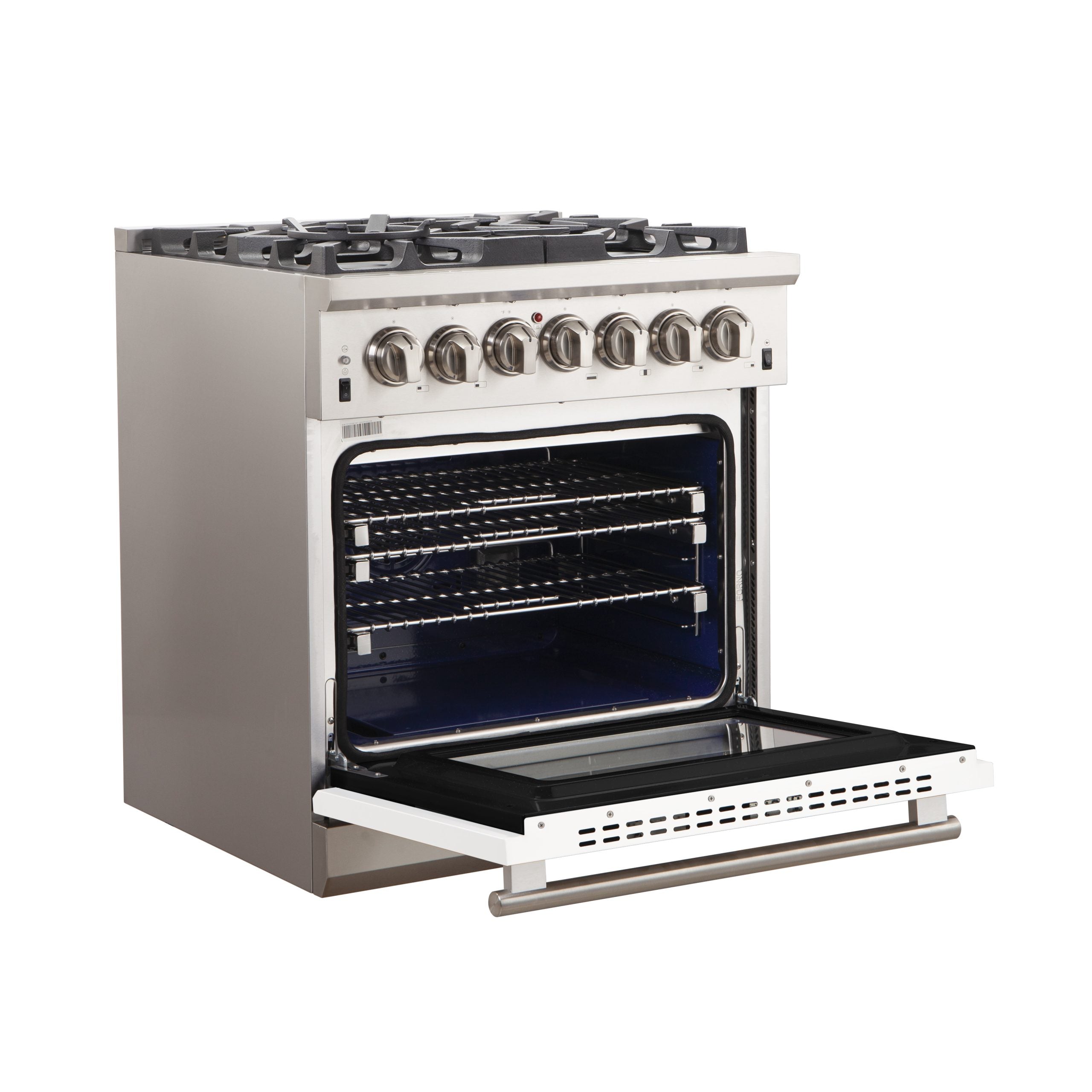 Stainless steel gas range with open convection oven door and control knobs