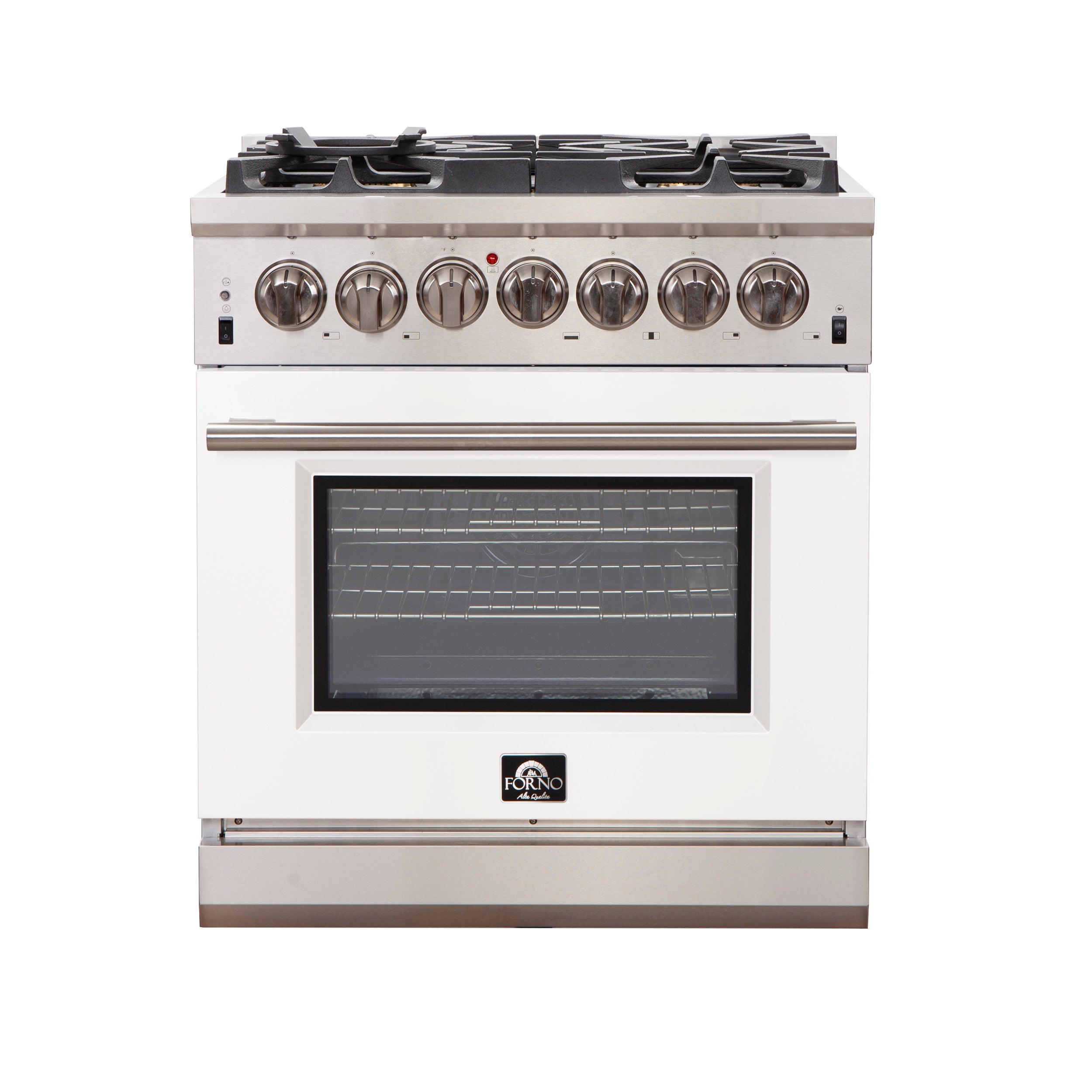 Stainless steel gas range with white oven door, front control knobs, and griddle-style top