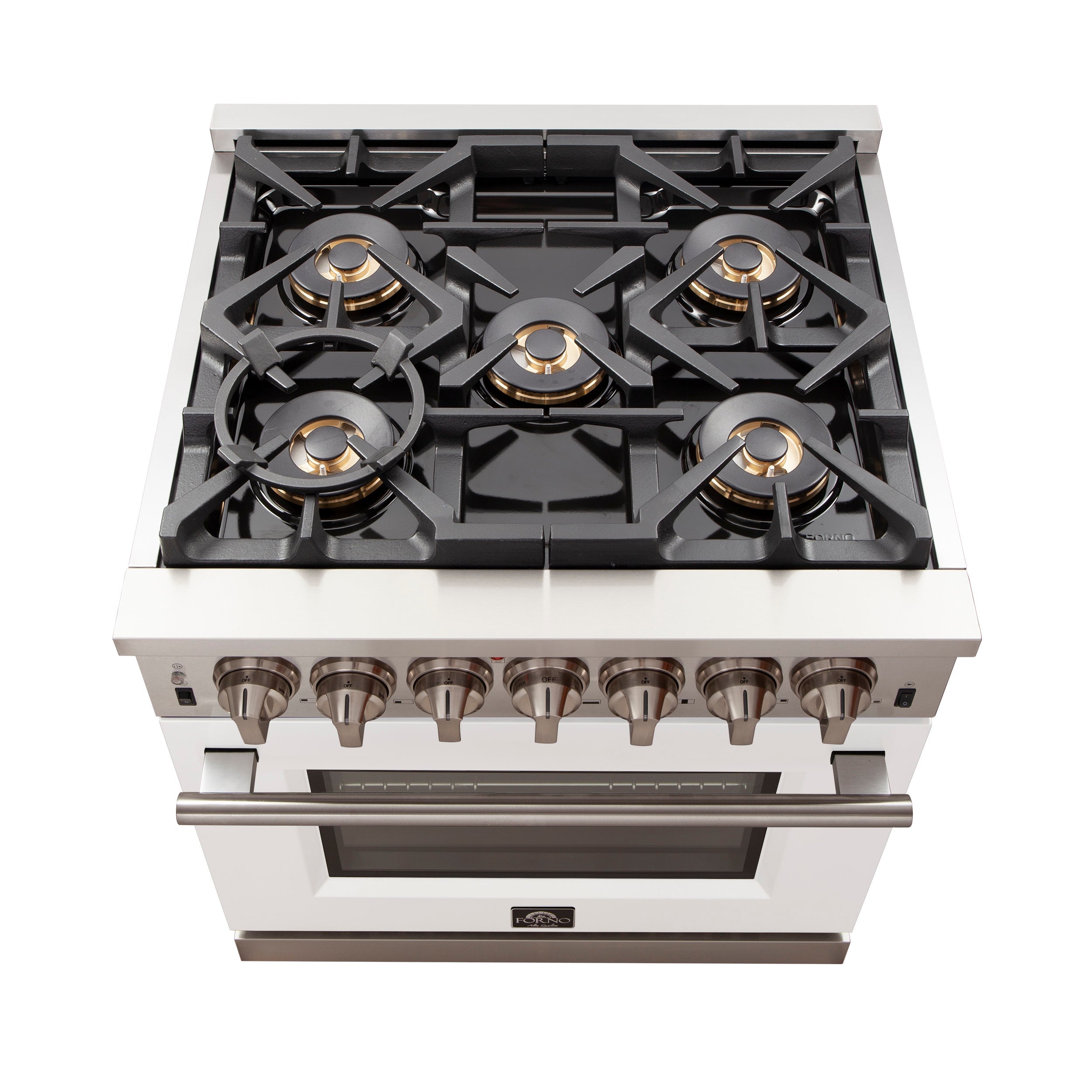 Stainless steel 5-burner cooktop with black grates and brass-style burner caps