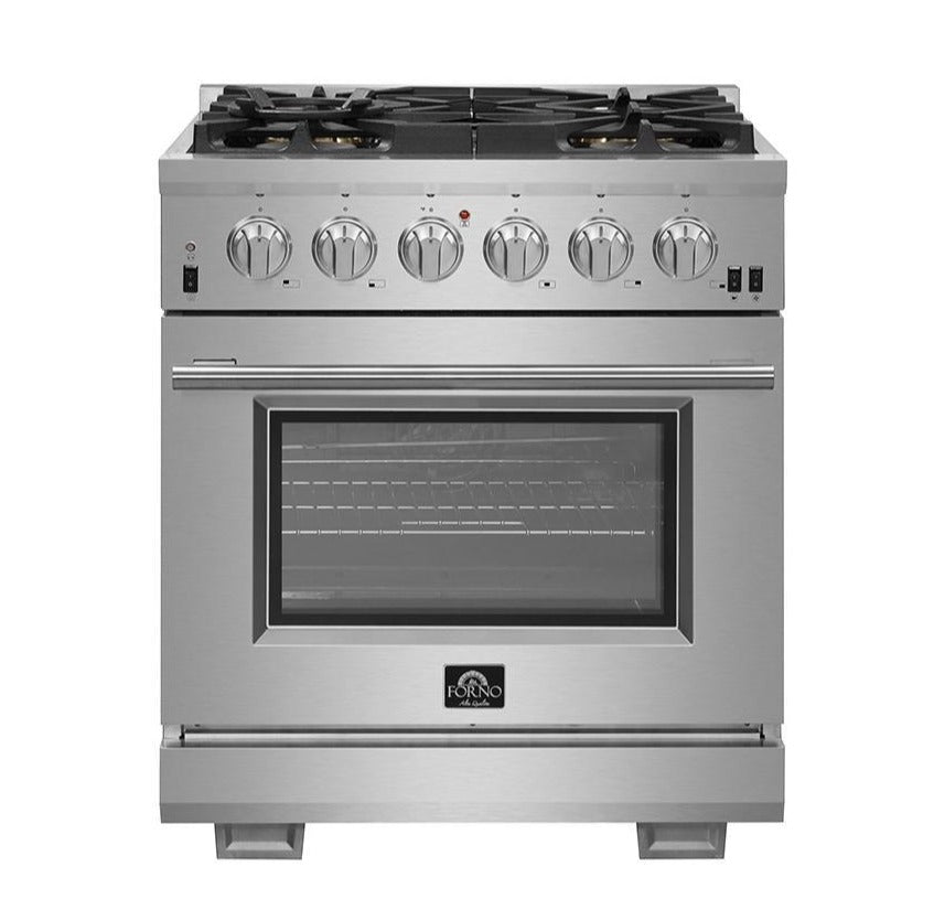 Stainless steel gas range front view with burner knobs and oven window
