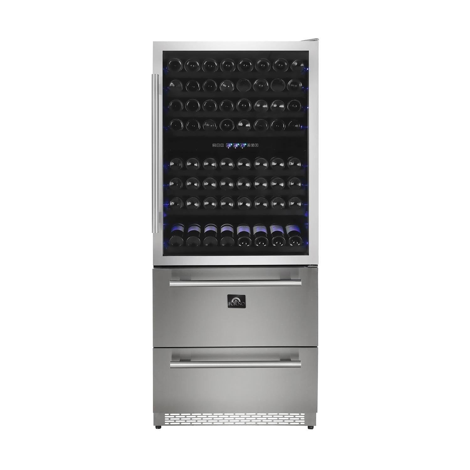 Tall wine cooler with open glass door, bottle racks with blue LED accents