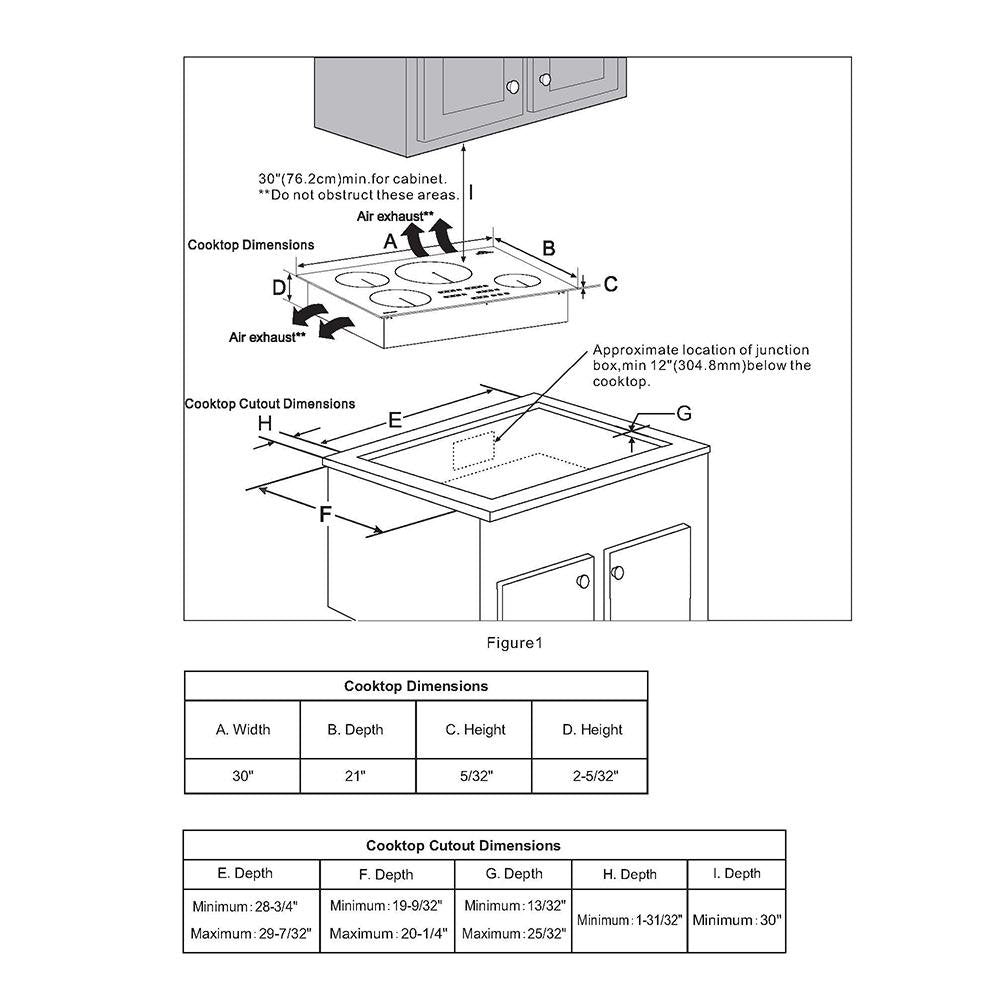 Built-in induction cooktop cutout and airflow diagram with labeled dimensions