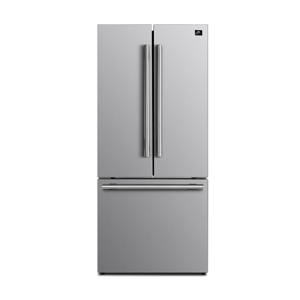 Stainless steel French door refrigerator with two vertical handles and freezer drawer