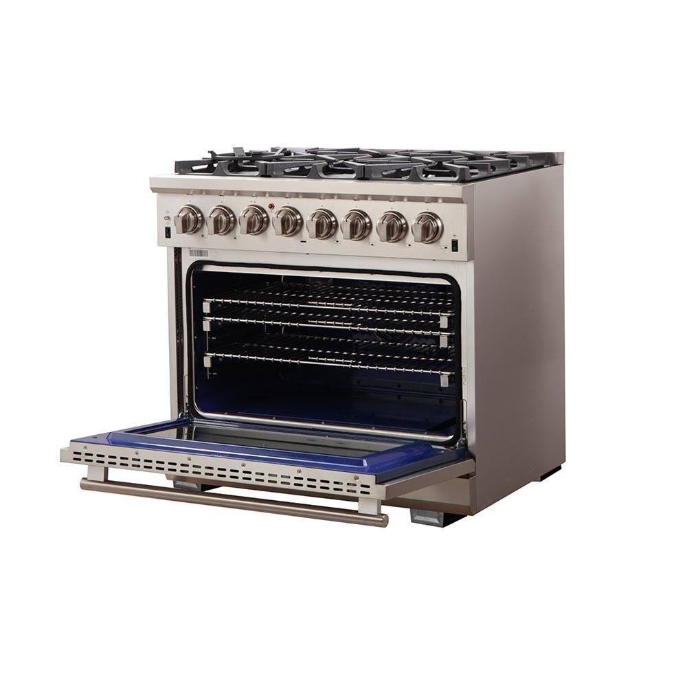 Dual-fuel range with oven door open, showing racks and interior cavity
