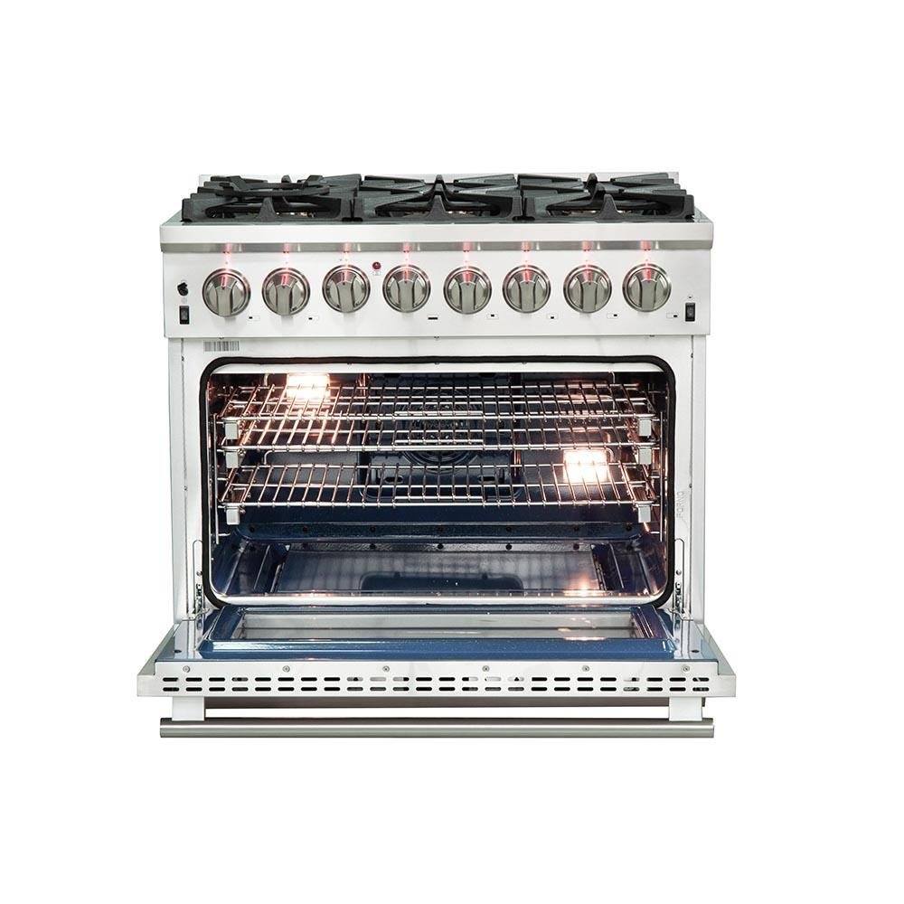 Dual-fuel range with open oven door and visible oven racks and broiler area