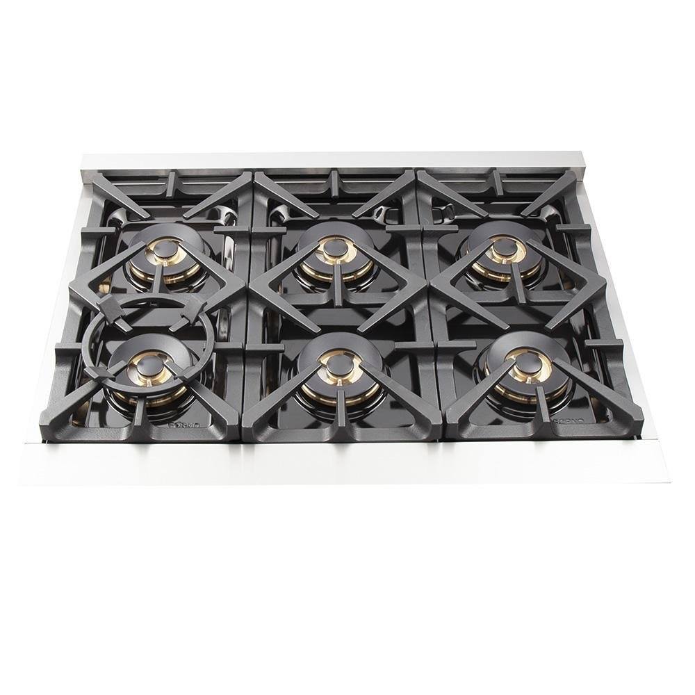 Dual-fuel range cooktop with six gas burners and black grates
