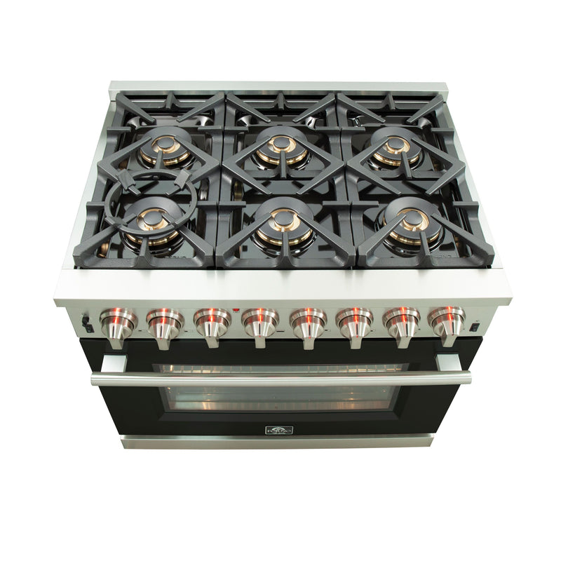 Forno 36" Capriasca Dual Fuel Range with 6 Gas Burners and 240v Electric Oven in Stainless Steel with Black Door (FFSGS6187-36BLK) Ranges Forno 