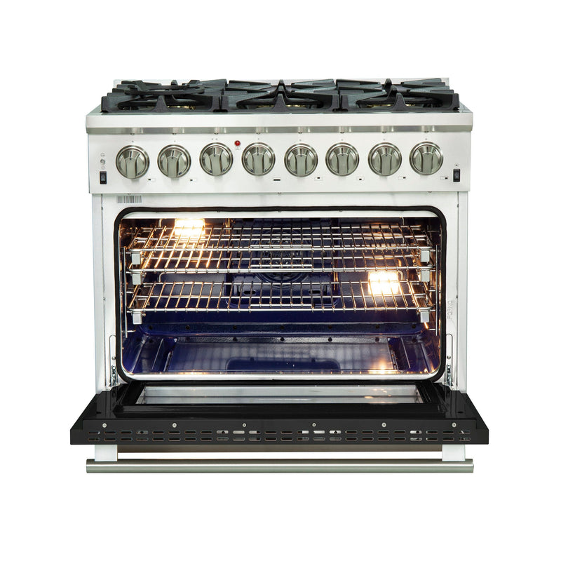 Forno 36" Capriasca Dual Fuel Range with 6 Gas Burners and 240v Electric Oven in Stainless Steel with Black Door (FFSGS6187-36BLK) Ranges Forno 