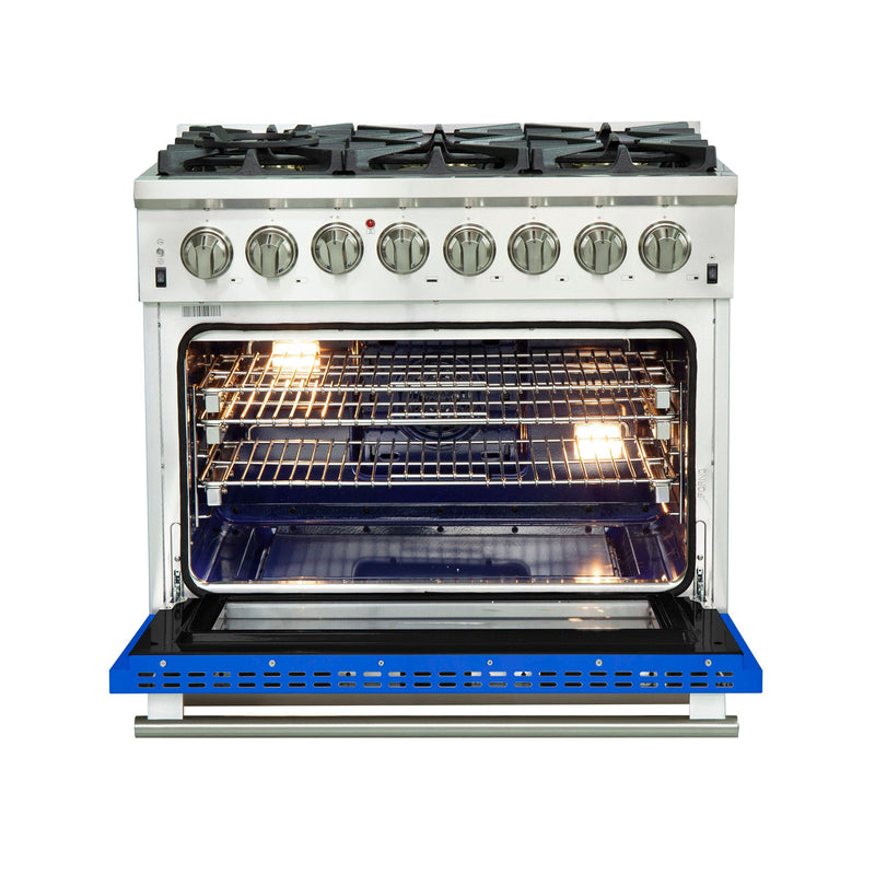 Forno 36" Capriasca Dual Fuel Range with 6 Gas Burners and 240v Electric Oven in Stainless Steel with Blue Door (FFSGS6187-36BLU) Ranges Forno 