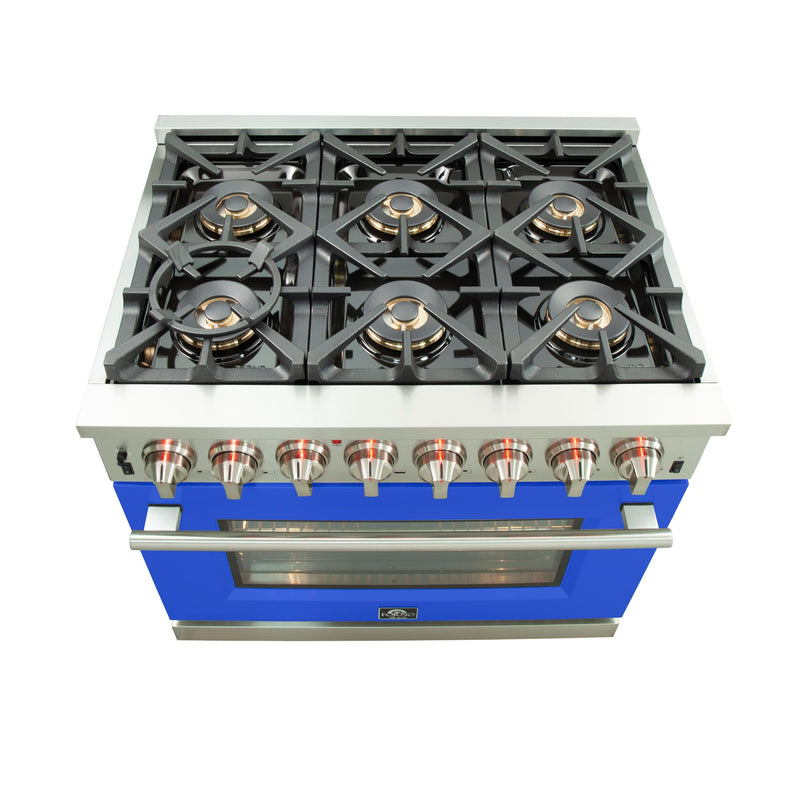 Forno 36" Capriasca Dual Fuel Range with 6 Gas Burners and 240v Electric Oven in Stainless Steel with Blue Door (FFSGS6187-36BLU) Ranges Forno 