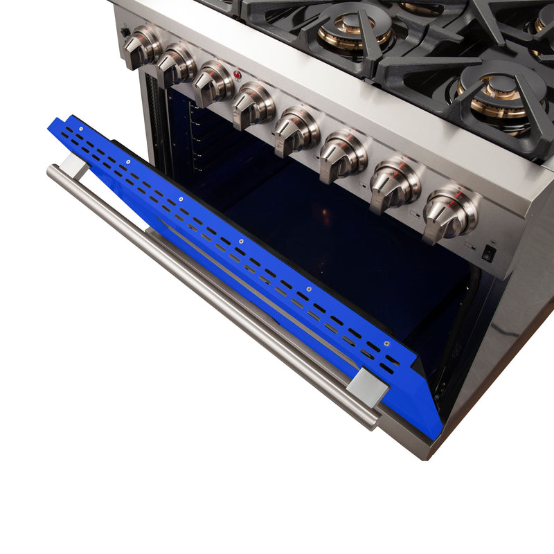 Forno 36" Capriasca Dual Fuel Range with 6 Gas Burners and 240v Electric Oven in Stainless Steel with Blue Door (FFSGS6187-36BLU) Ranges Forno 