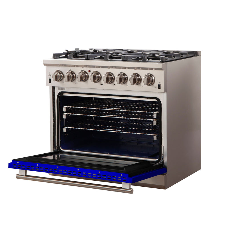 Forno 36" Capriasca Dual Fuel Range with 6 Gas Burners and 240v Electric Oven in Stainless Steel with Blue Door (FFSGS6187-36BLU) Ranges Forno 