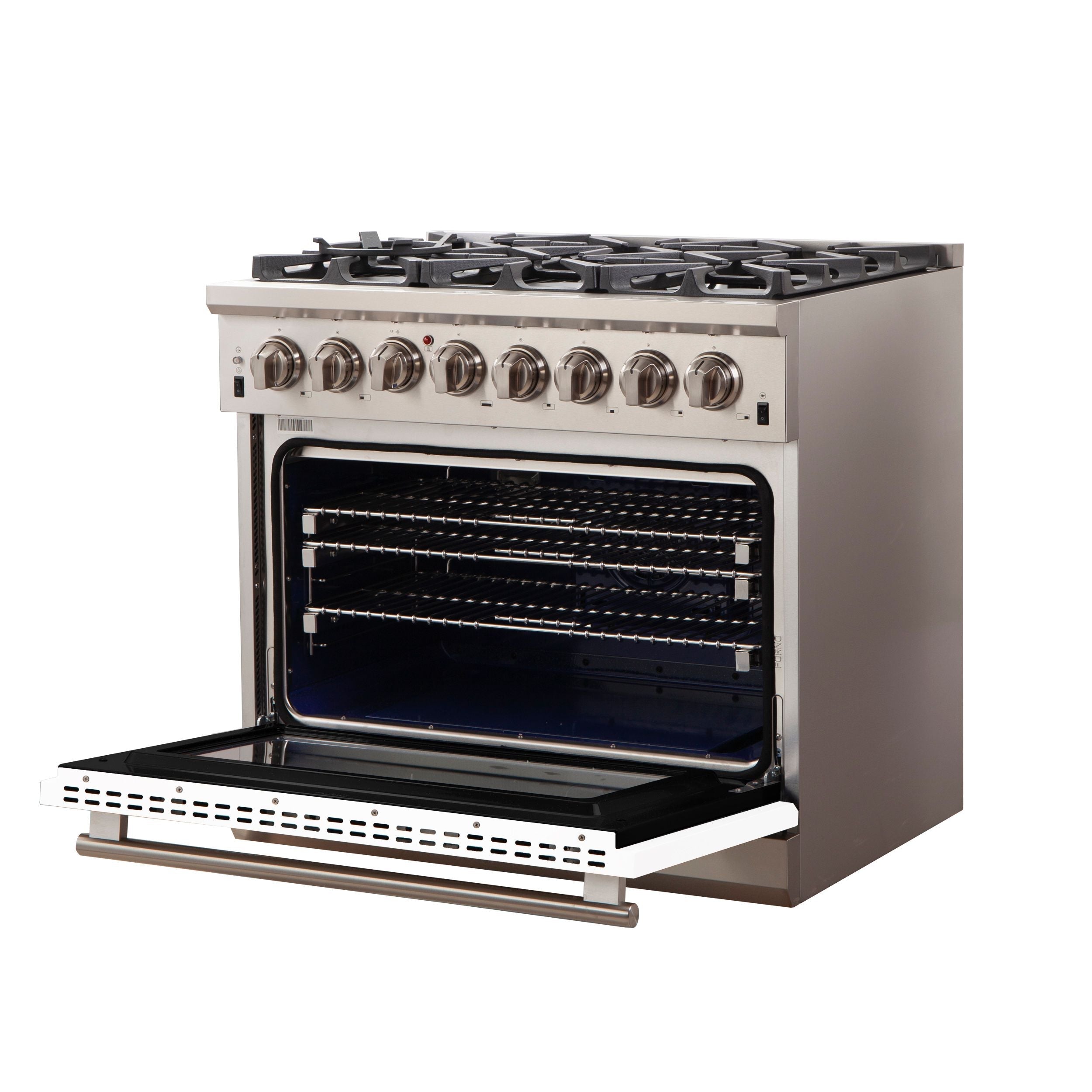 Stainless steel dual fuel range with 6 gas burners and open oven door