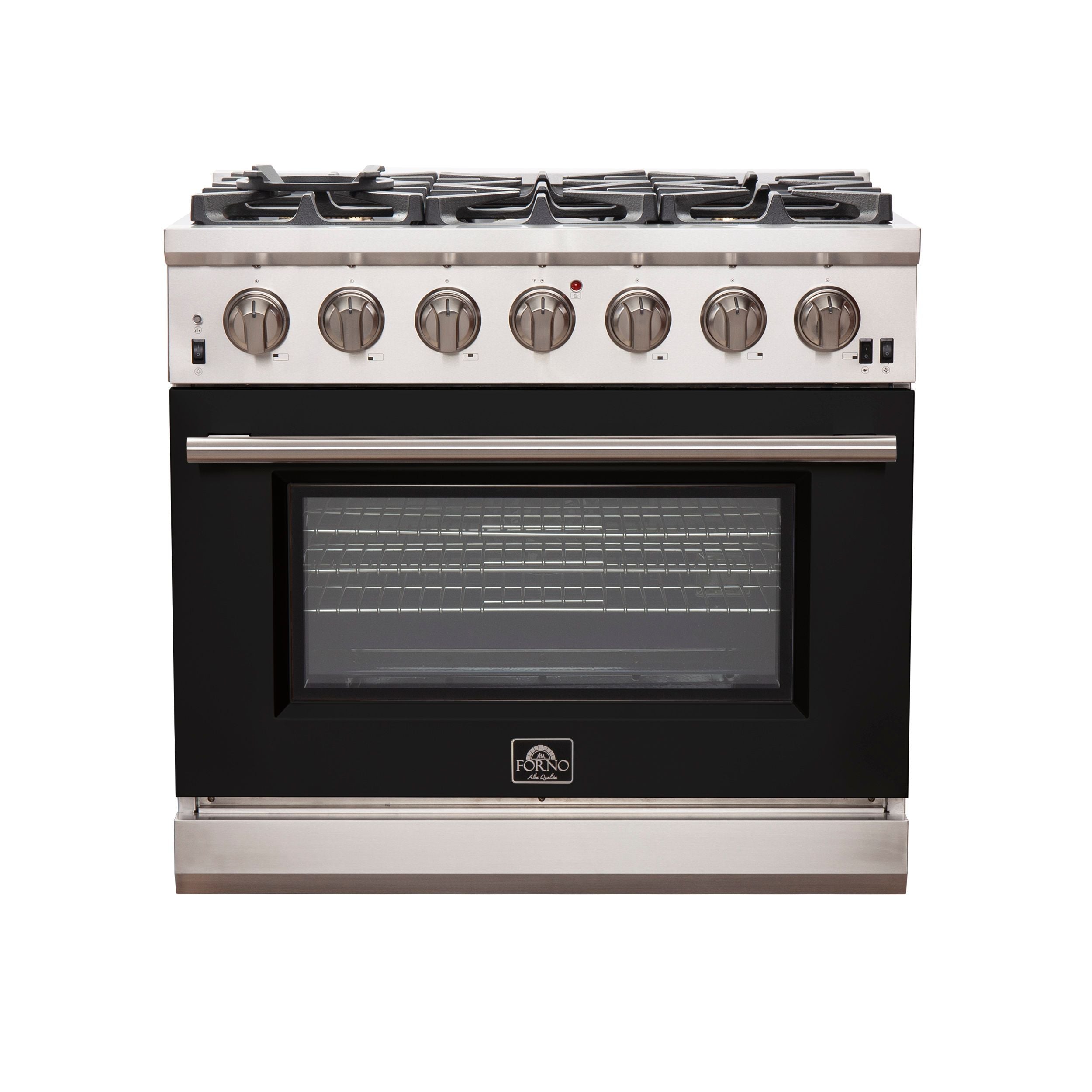 Stainless steel gas range front view with six knobs and black glass oven door
