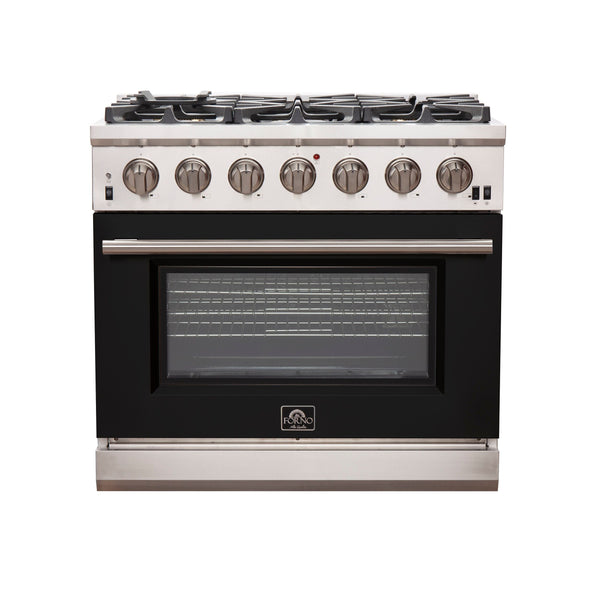 Forno 36" Capriasca Gas Range with 6 Burners and Convection Oven in Stainless Steel with Black Door (FFSGS6260-36BLK) Ranges Forno 