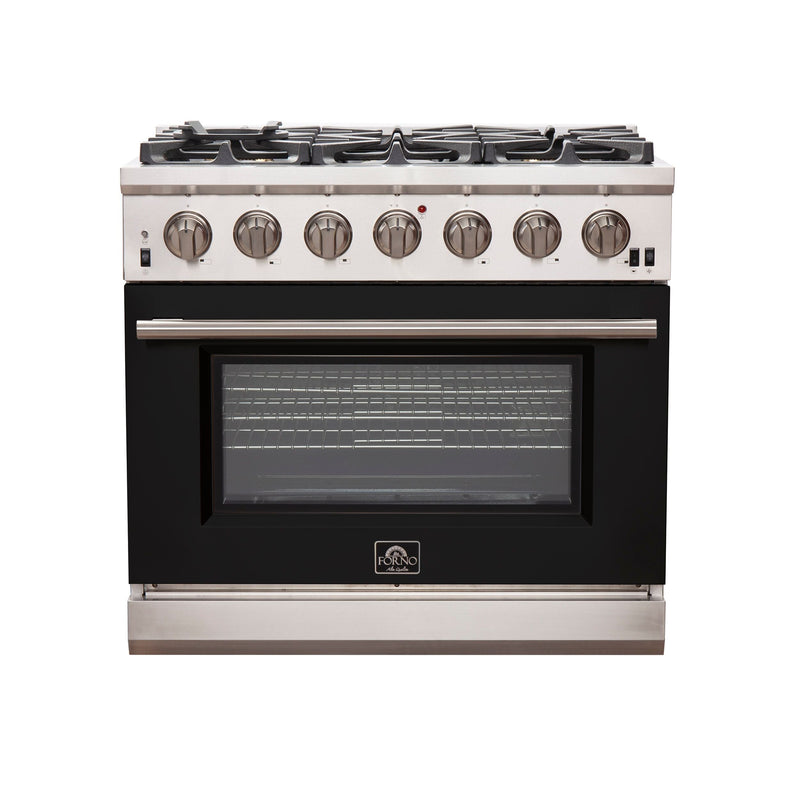 Forno 36" Capriasca Gas Range with 6 Burners and Convection Oven in Stainless Steel with Black Door (FFSGS6260-36BLK) Ranges Forno 