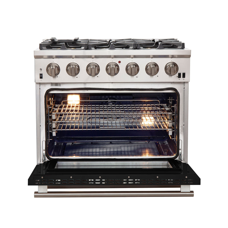 Forno 36" Capriasca Gas Range with 6 Burners and Convection Oven in Stainless Steel with Black Door (FFSGS6260-36BLK) Ranges Forno 