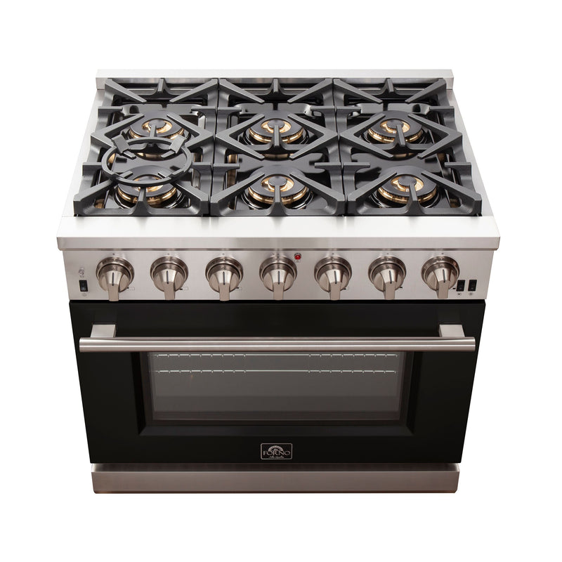 Forno 36" Capriasca Gas Range with 6 Burners and Convection Oven in Stainless Steel with Black Door (FFSGS6260-36BLK) Ranges Forno 