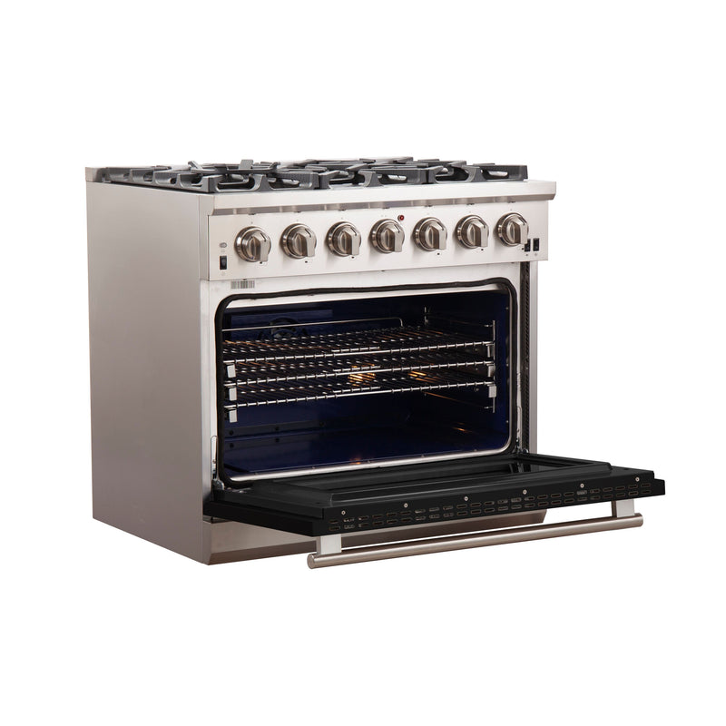 Forno 36" Capriasca Gas Range with 6 Burners and Convection Oven in Stainless Steel with Black Door (FFSGS6260-36BLK) Ranges Forno 