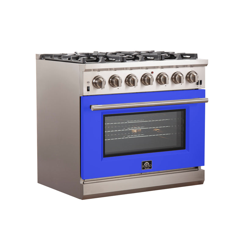 Forno 36" Capriasca Gas Range with 6 Burners and Convection Oven in Stainless Steel with Blue Door (FFSGS6260-36BLU) Ranges Forno 