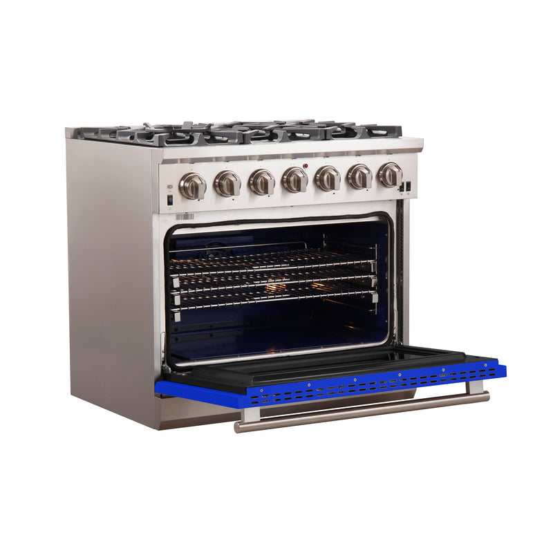 Forno 36" Capriasca Gas Range with 6 Burners and Convection Oven in Stainless Steel with Blue Door (FFSGS6260-36BLU) Ranges Forno 