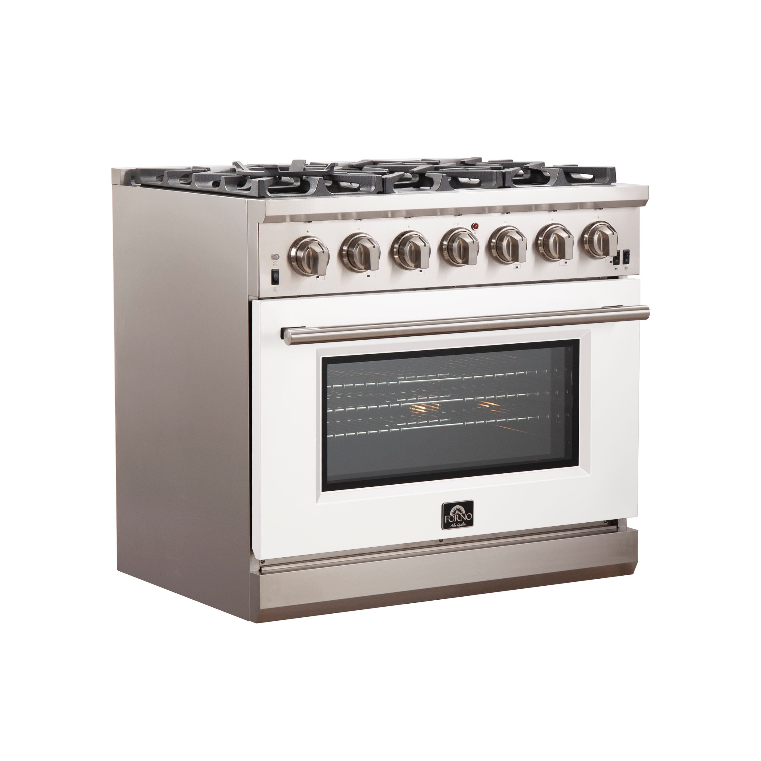 Stainless steel gas range with closed glass oven door and control knobs