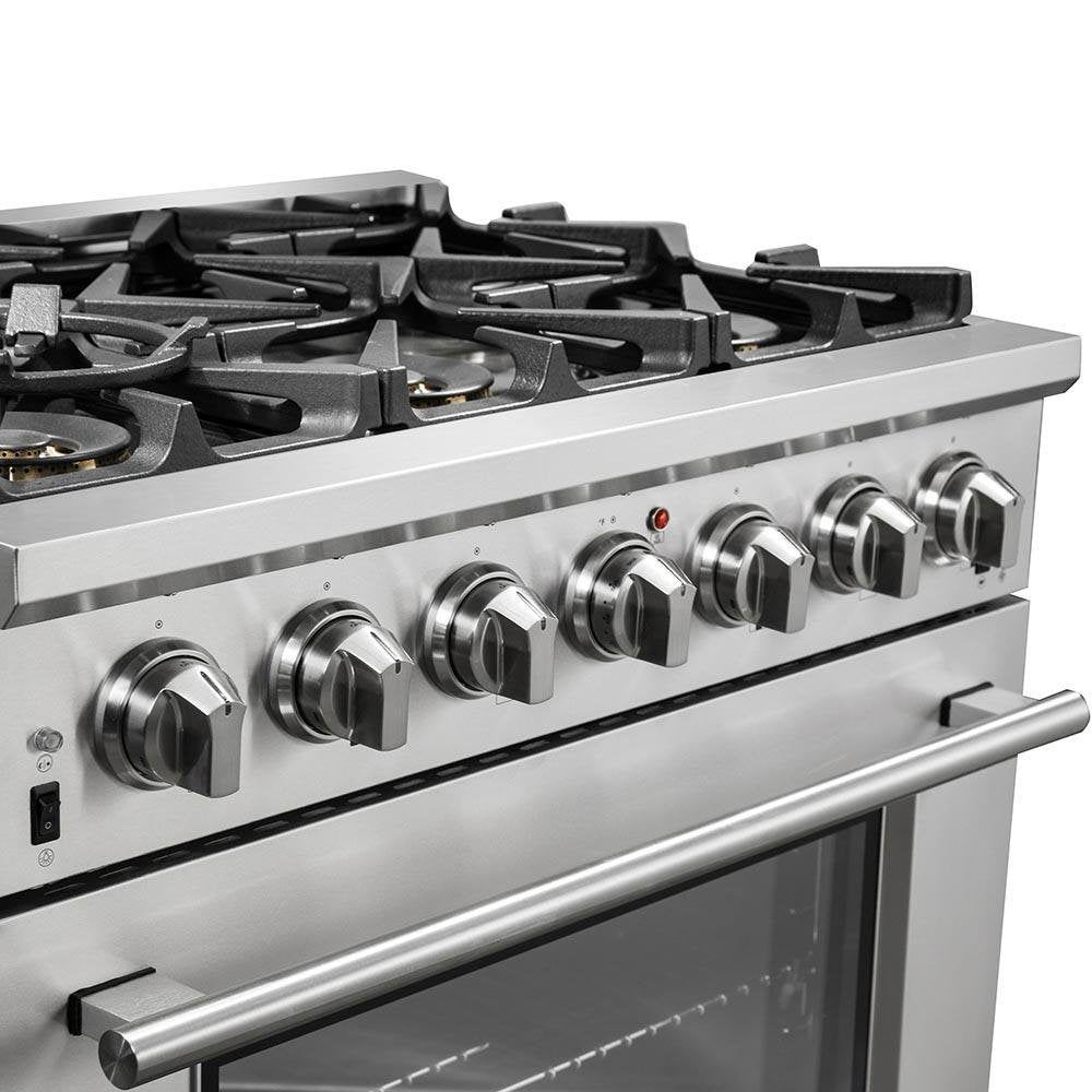 Stainless steel gas range cooktop with burner controls and oven handle