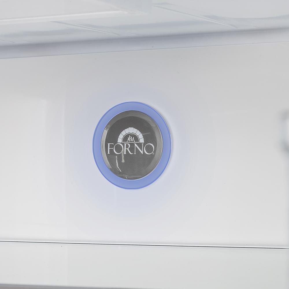 Refrigerator interior panel with blue-ring FORNO logo on white surface