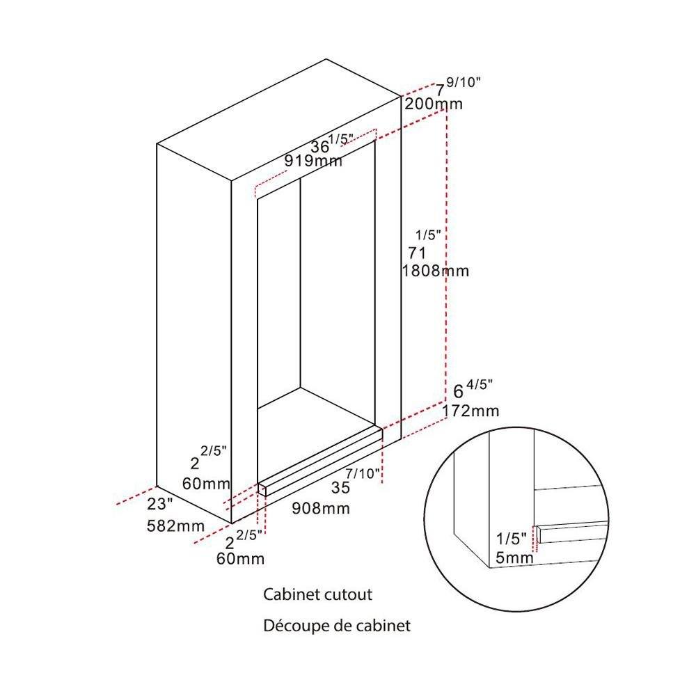 Refrigerator cabinet cutout dimensions diagram with measurement callouts