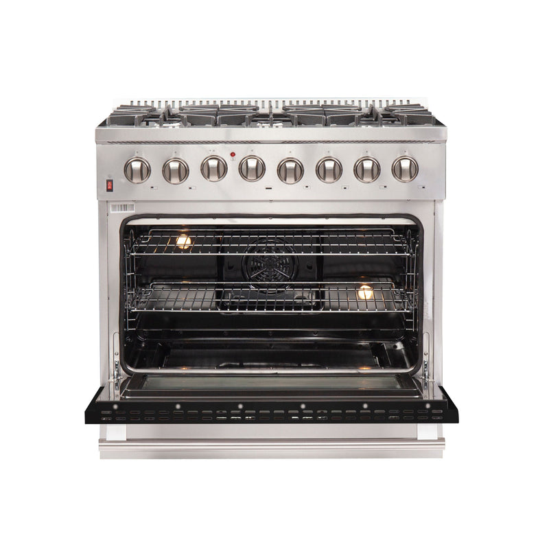 Forno 36" Galiano Dual Fuel Range with 6 Gas Burners and 240v Electric Oven in Stainless Steel with Black Door (FFSGS6156-36BLK) Ranges Forno 